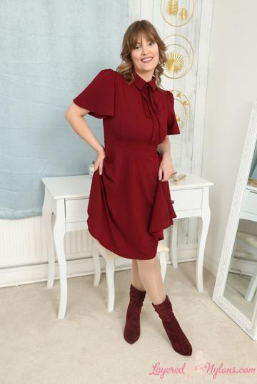Lottii Rose in Layered Nylons set Red Dress Boots Pantyhose Over Stockings